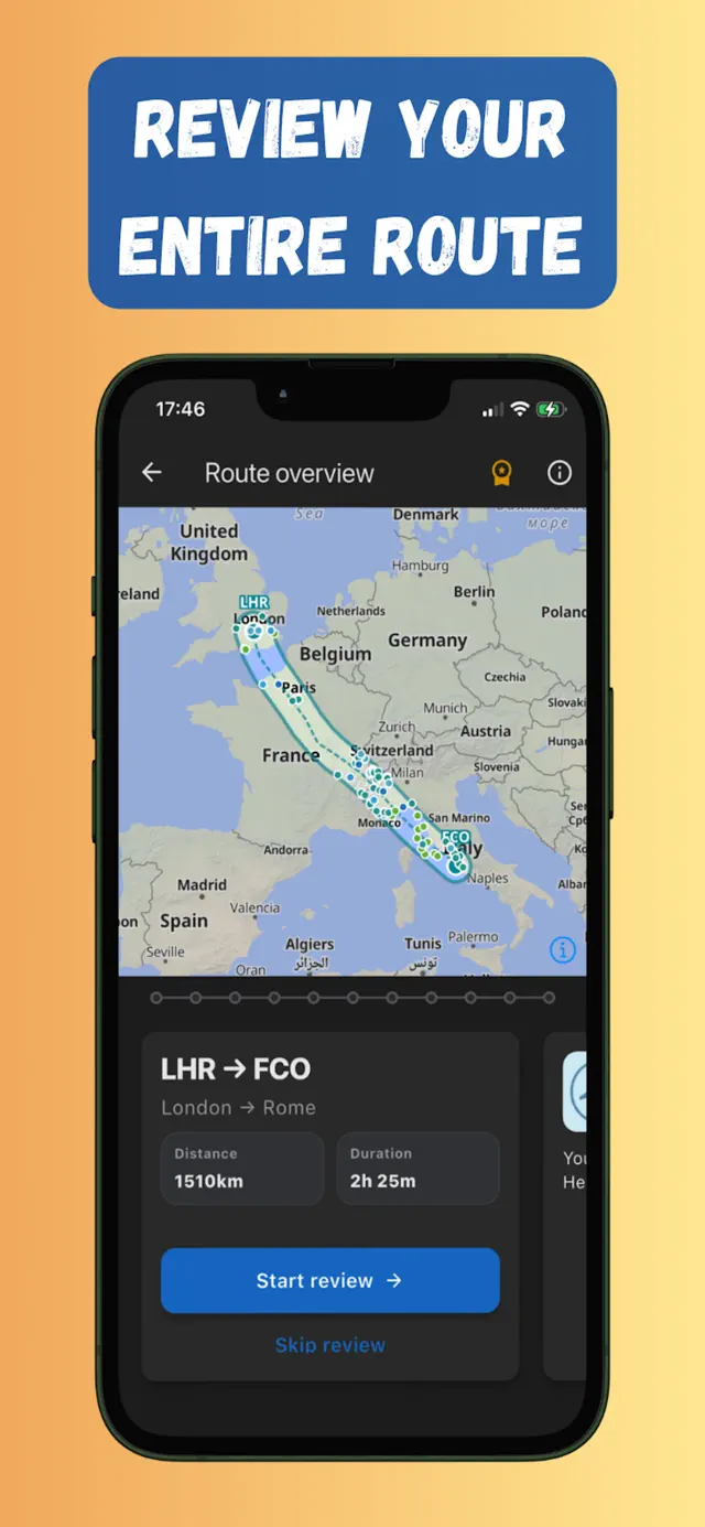 Flymap route overview of a London to Rome flight showing the corridor, distance and duration