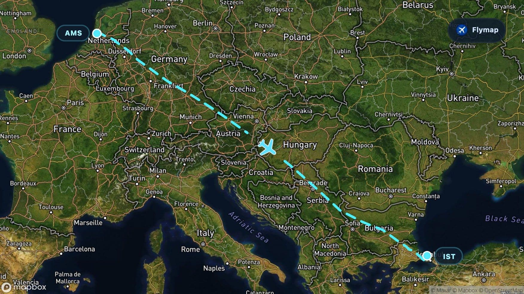 Map overview of the Amsterdam to Istanbul flight route crossing northern Europe, the Alps, Hungary, Serbia, Bulgaria and Turkey