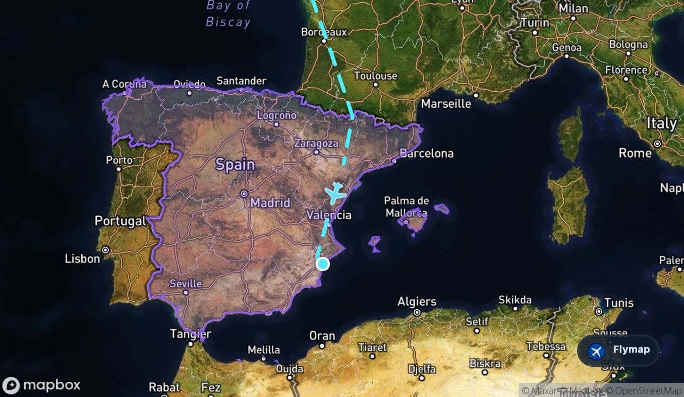Map of Spain showing the final part of the Bristol to Alicante route toward the Mediterranean coast