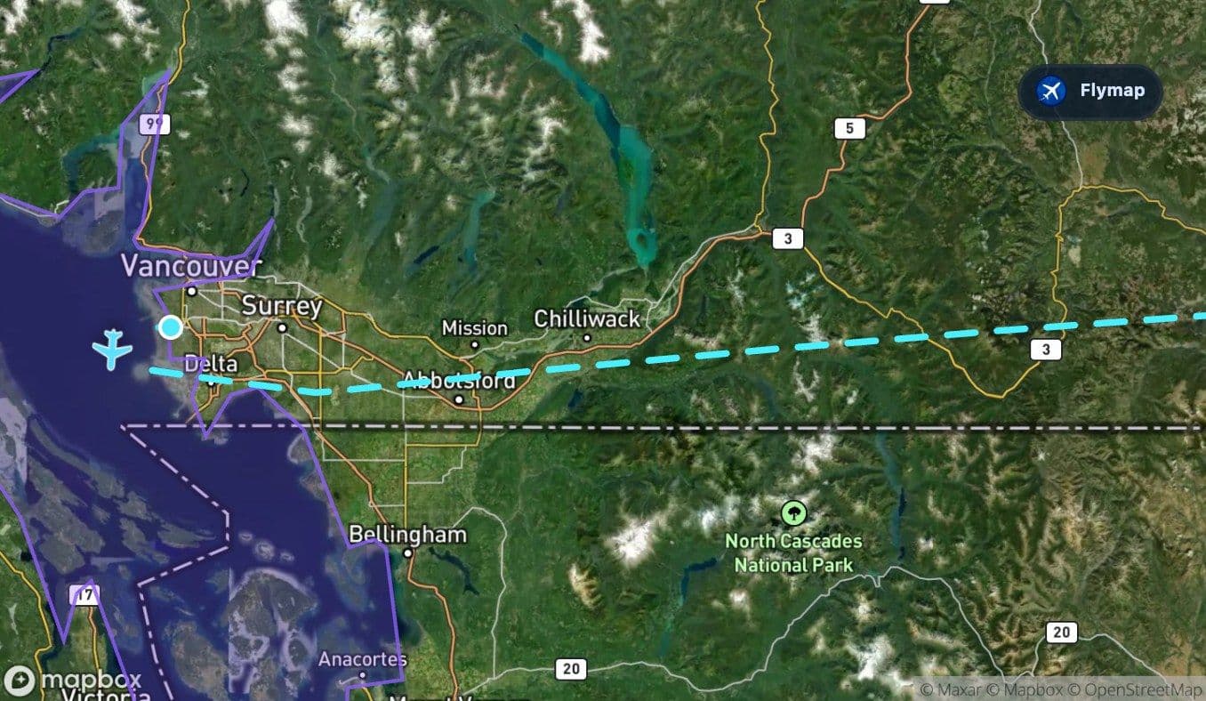 Map showing the Salish Sea near the start of the Vancouver to Toronto flight route