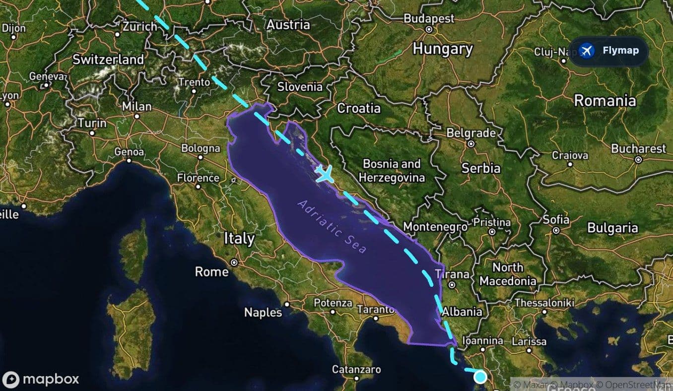 Map of the Adriatic Sea between Italy and the Balkans on the London to Preveza route