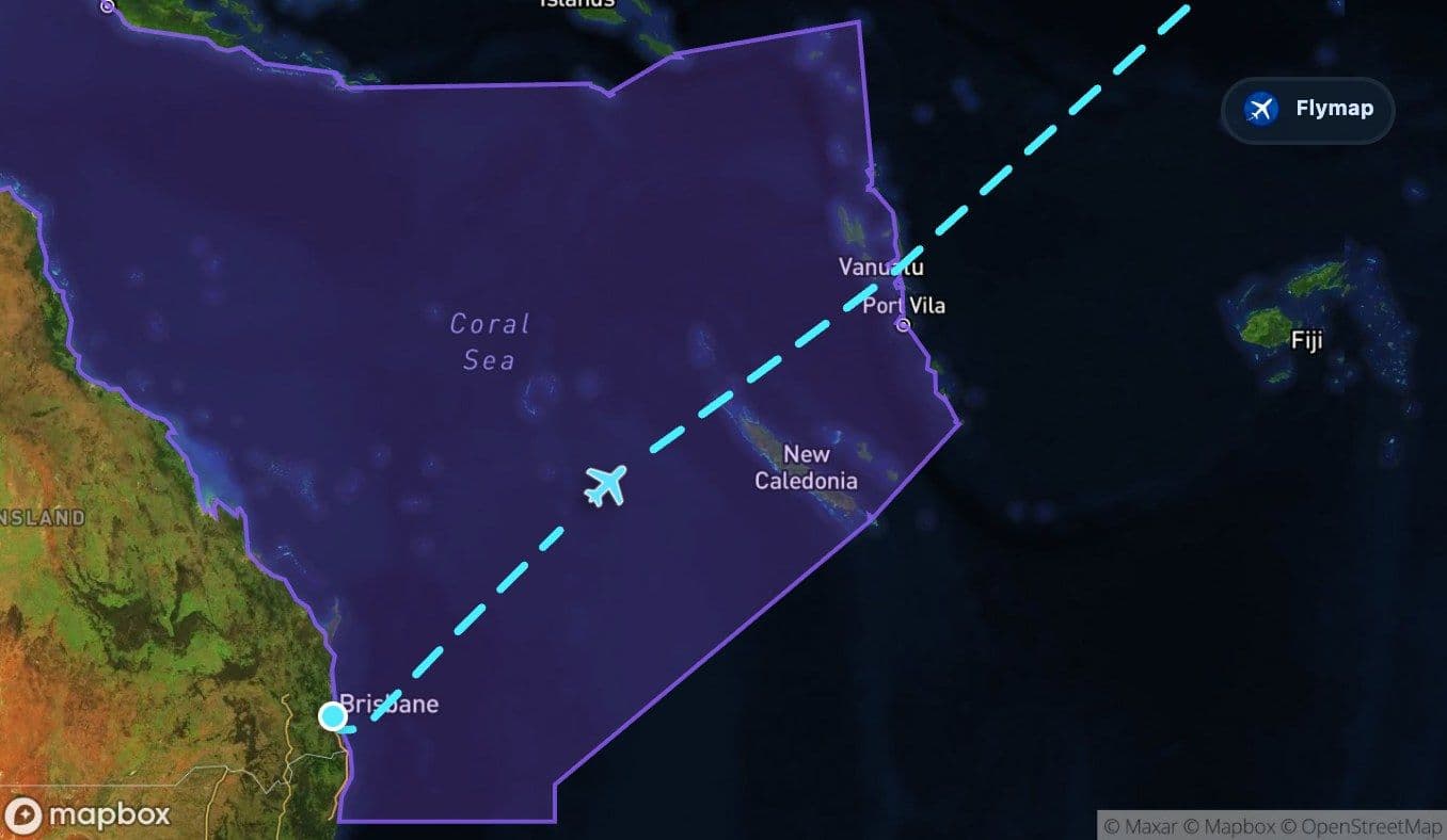 Map showing the Coral Sea section near the start of the Brisbane to San Francisco route