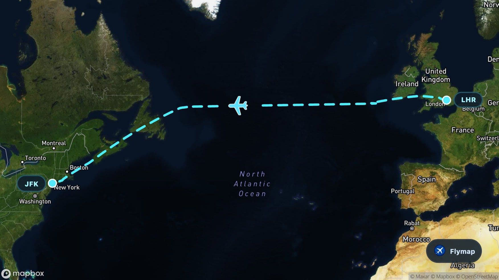 Map overview of the London Heathrow to New York JFK route crossing Britain, Ireland, the Atlantic, eastern Canada and Long Island