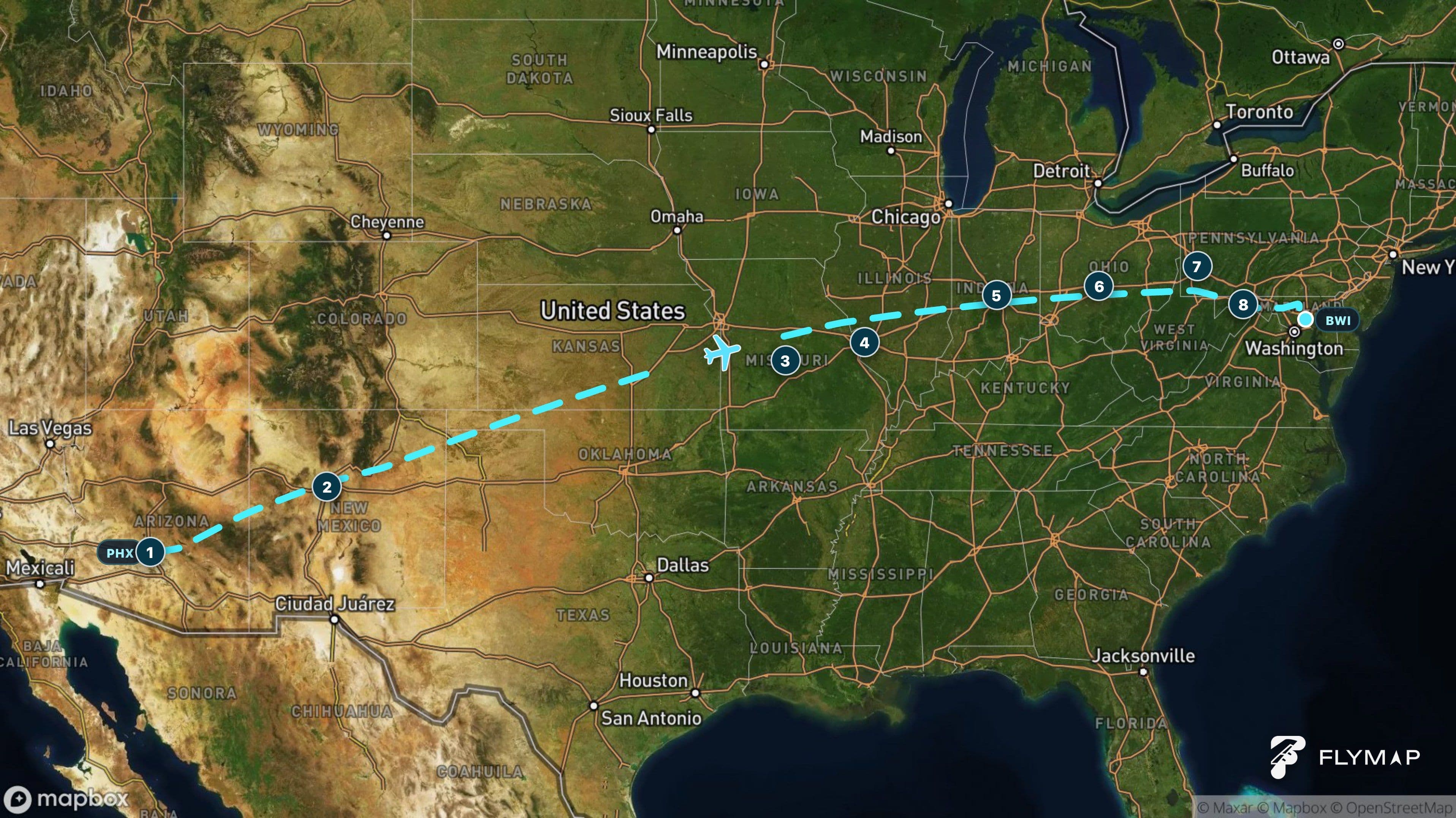 Map of the Phoenix to Baltimore flight route crossing the American Southwest, Great Plains and Appalachian Mountains