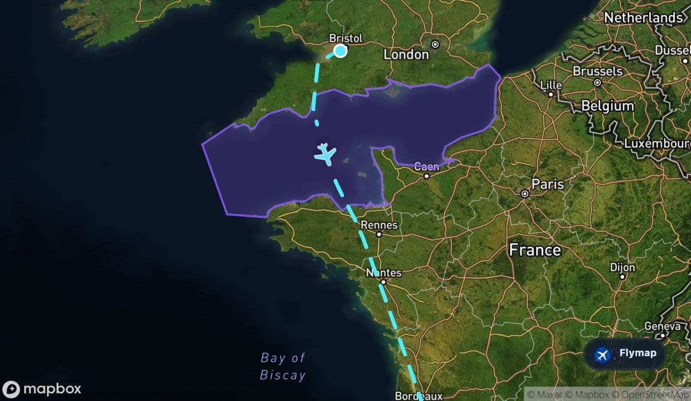Map of the English Channel crossing between Britain and France on the Bristol to Alicante route