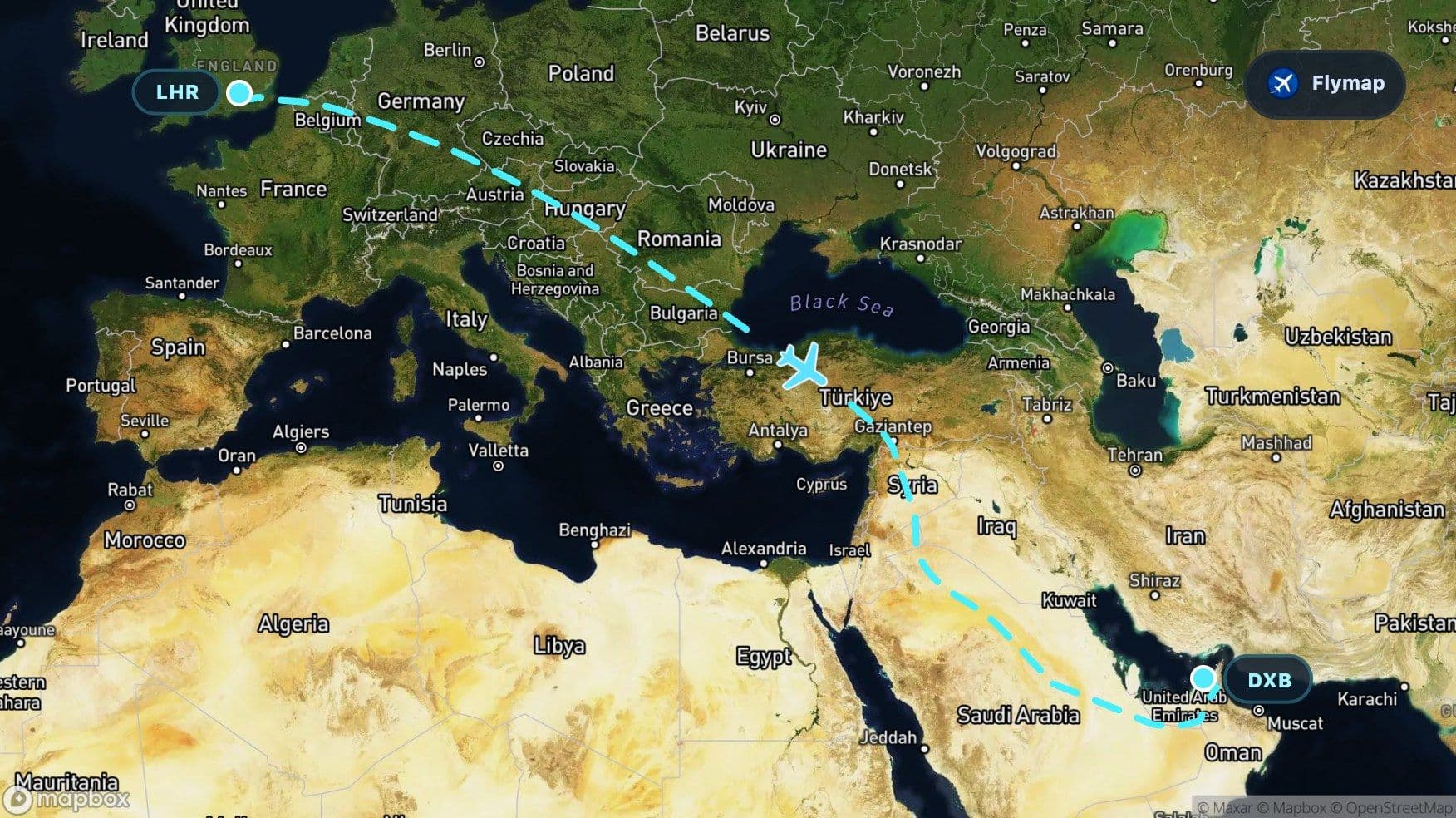 Map of the London Heathrow to Dubai flight route crossing Europe, the Black Sea, Turkey and the Arabian Peninsula