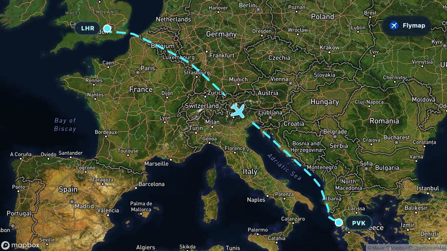 Map overview of the London to Preveza flight route crossing northern Europe, the Alps, the Adriatic Sea and the Ionian Islands
