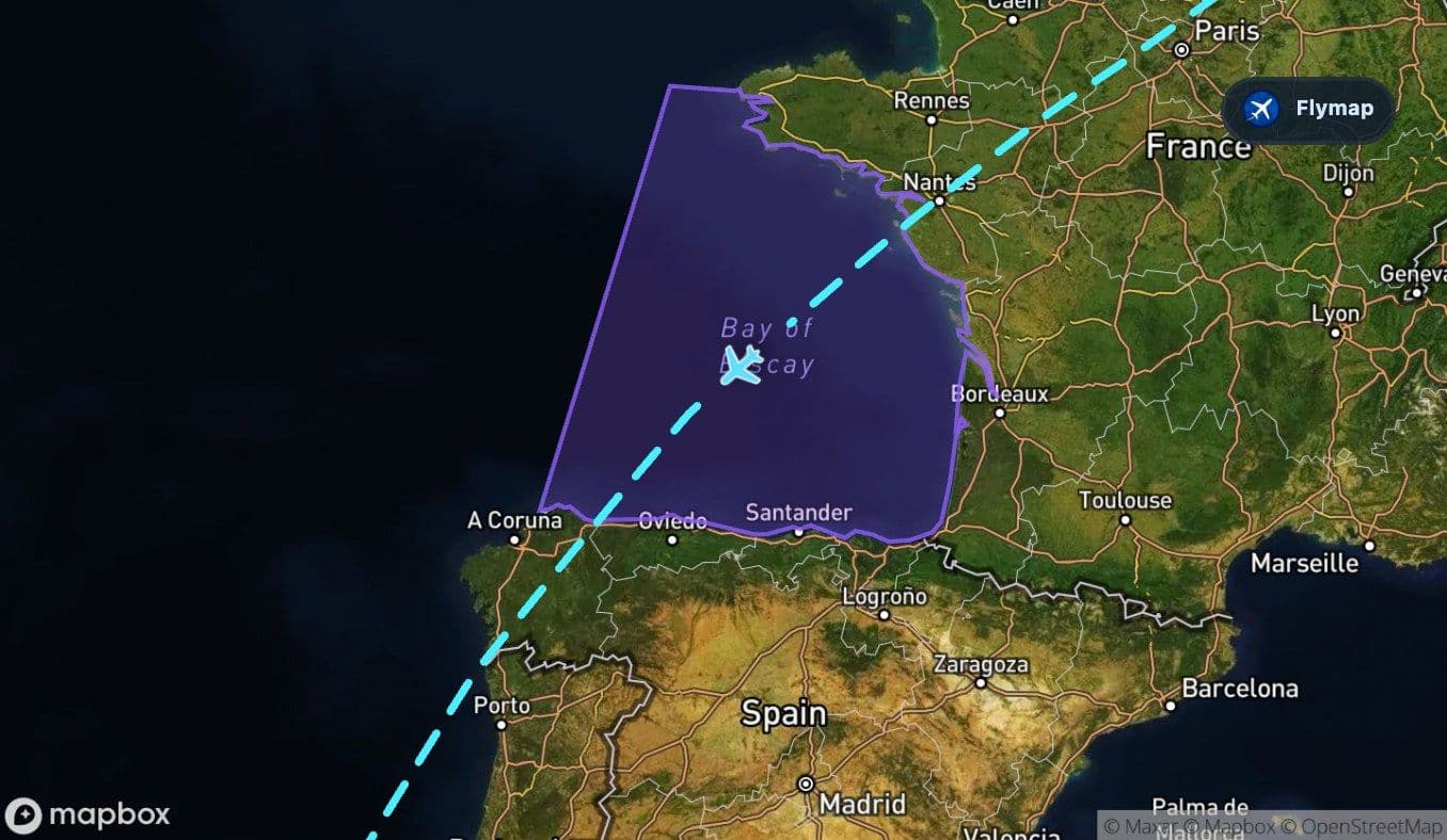 Map showing the Bay of Biscay crossing on the Berlin to Tenerife flight route