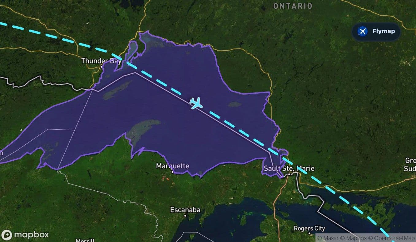 Map showing Lake Superior on the Vancouver to Toronto flight route