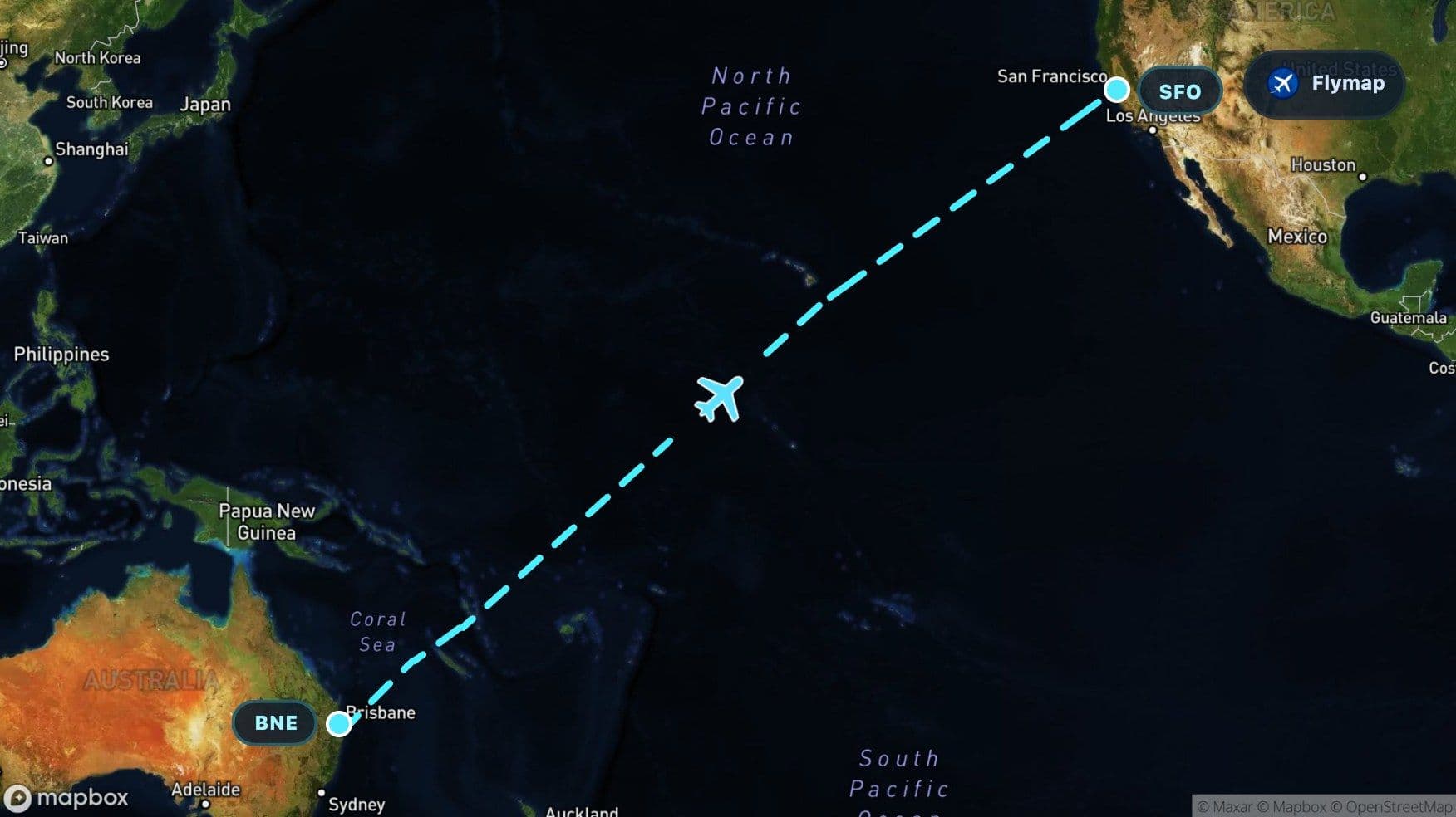 Map of the Brisbane to San Francisco flight route crossing the Coral Sea and Pacific Ocean toward California