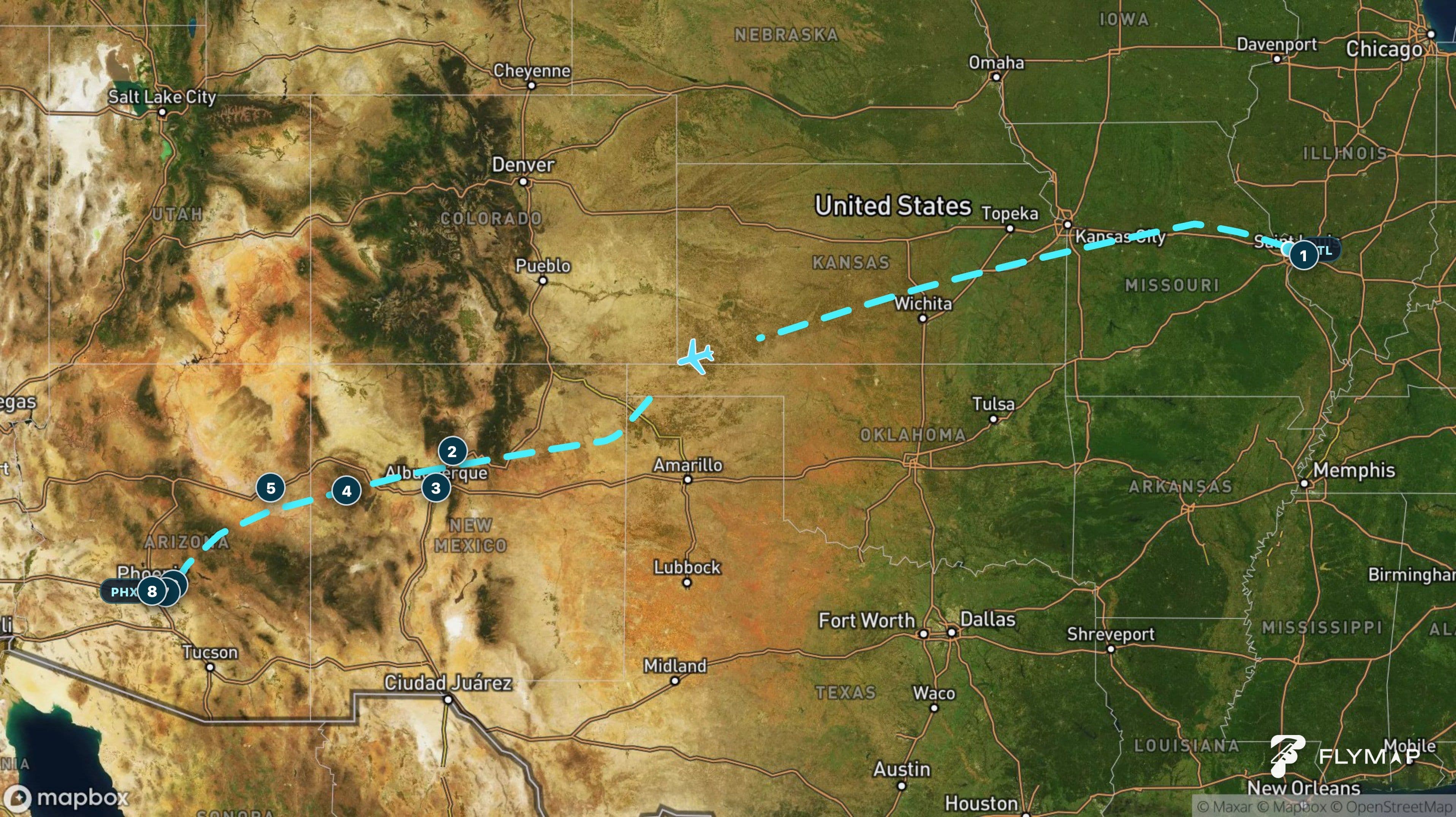 St Louis to Phoenix flight route crossing the Great Plains, New Mexico high desert and Arizona before reaching the Sonoran Desert