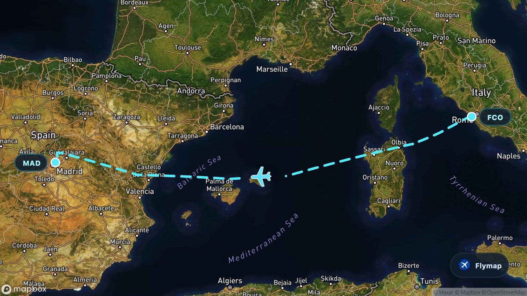 Map overview of the Rome to Madrid flight route crossing the Tyrrhenian Sea, Sardinia, the Mediterranean, the Balearic Islands and Spain