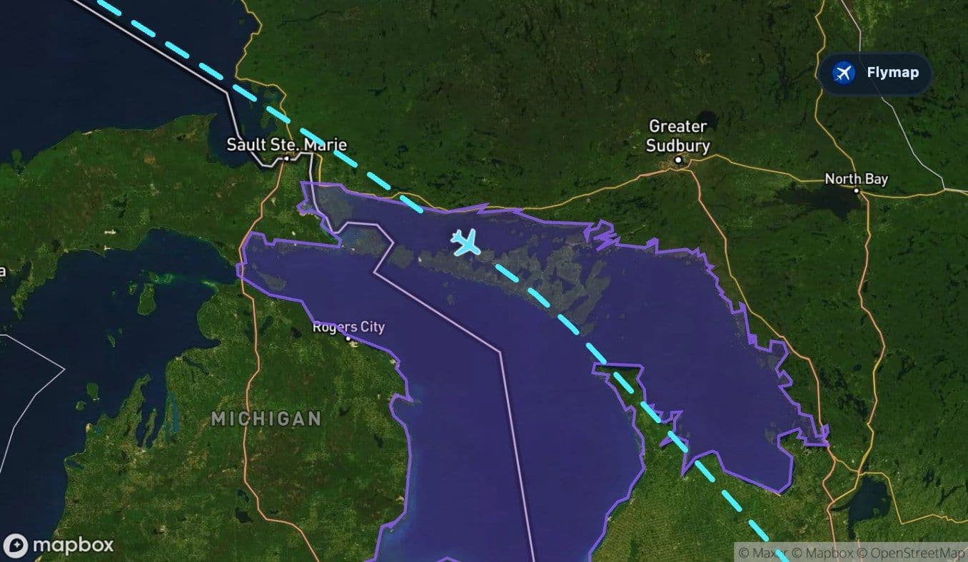 Map showing Lake Huron near the final part of the Vancouver to Toronto route