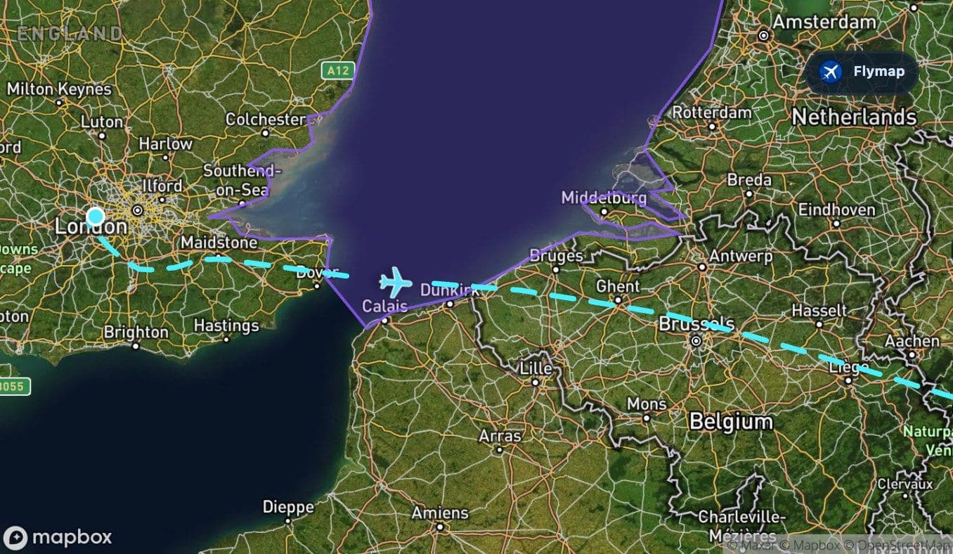Map showing the North Sea section near the start of the London to Dubai flight route