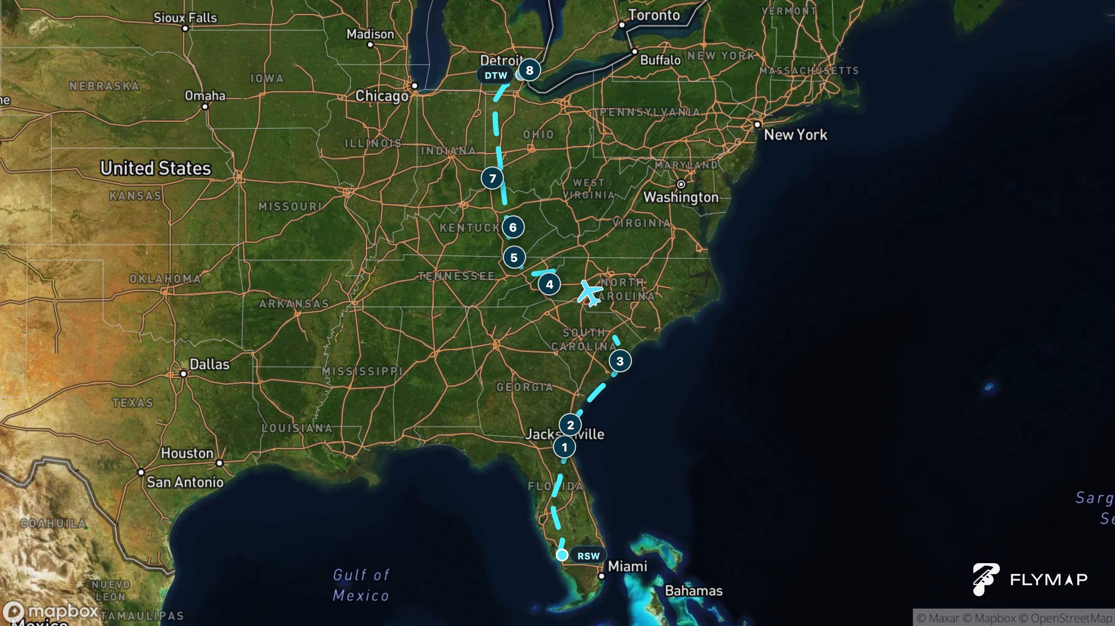 Fort Myers to Detroit flight route running north from Florida through the Appalachians toward Michigan