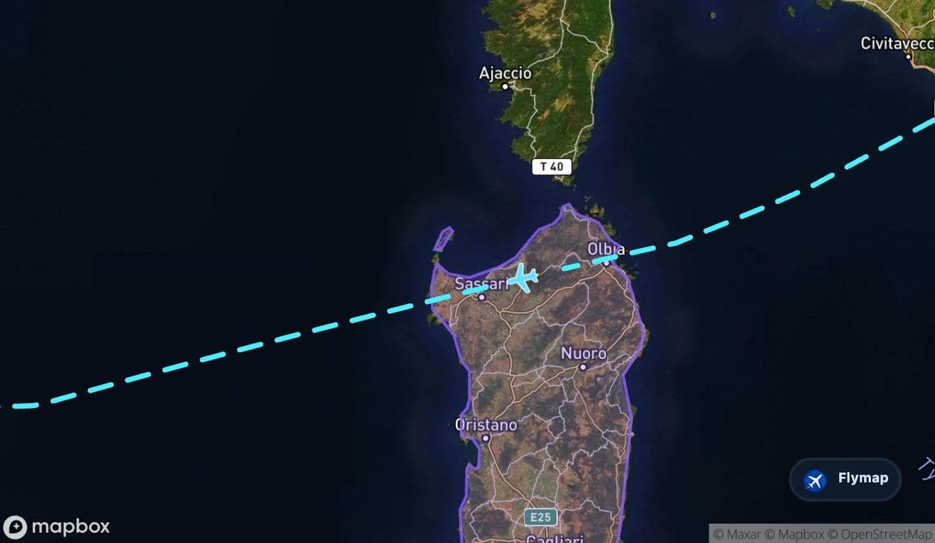 Map of Sardinia crossed during the Rome to Madrid flight route