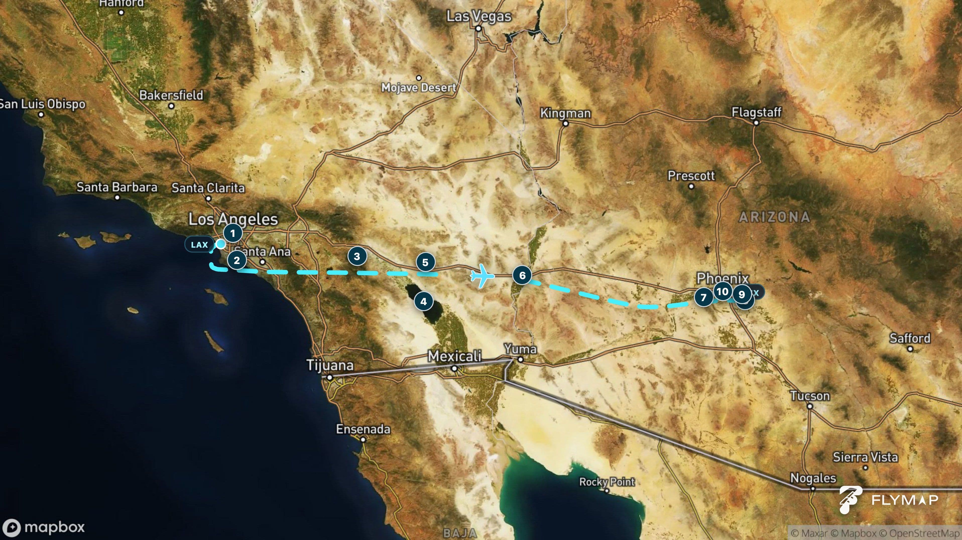 Map of the Los Angeles to Phoenix flight route across Southern California and the Sonoran Desert