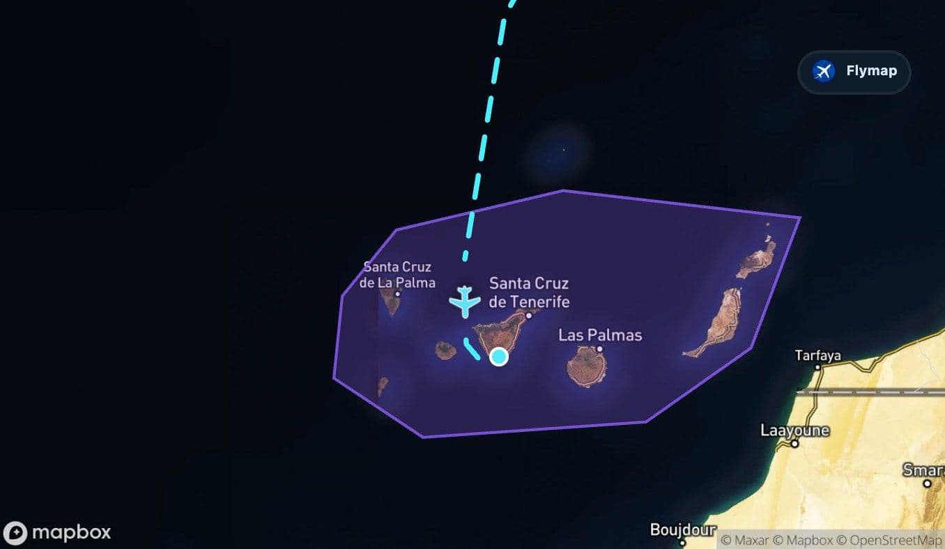 Map showing the Canary Islands near the end of the Berlin to Tenerife flight route