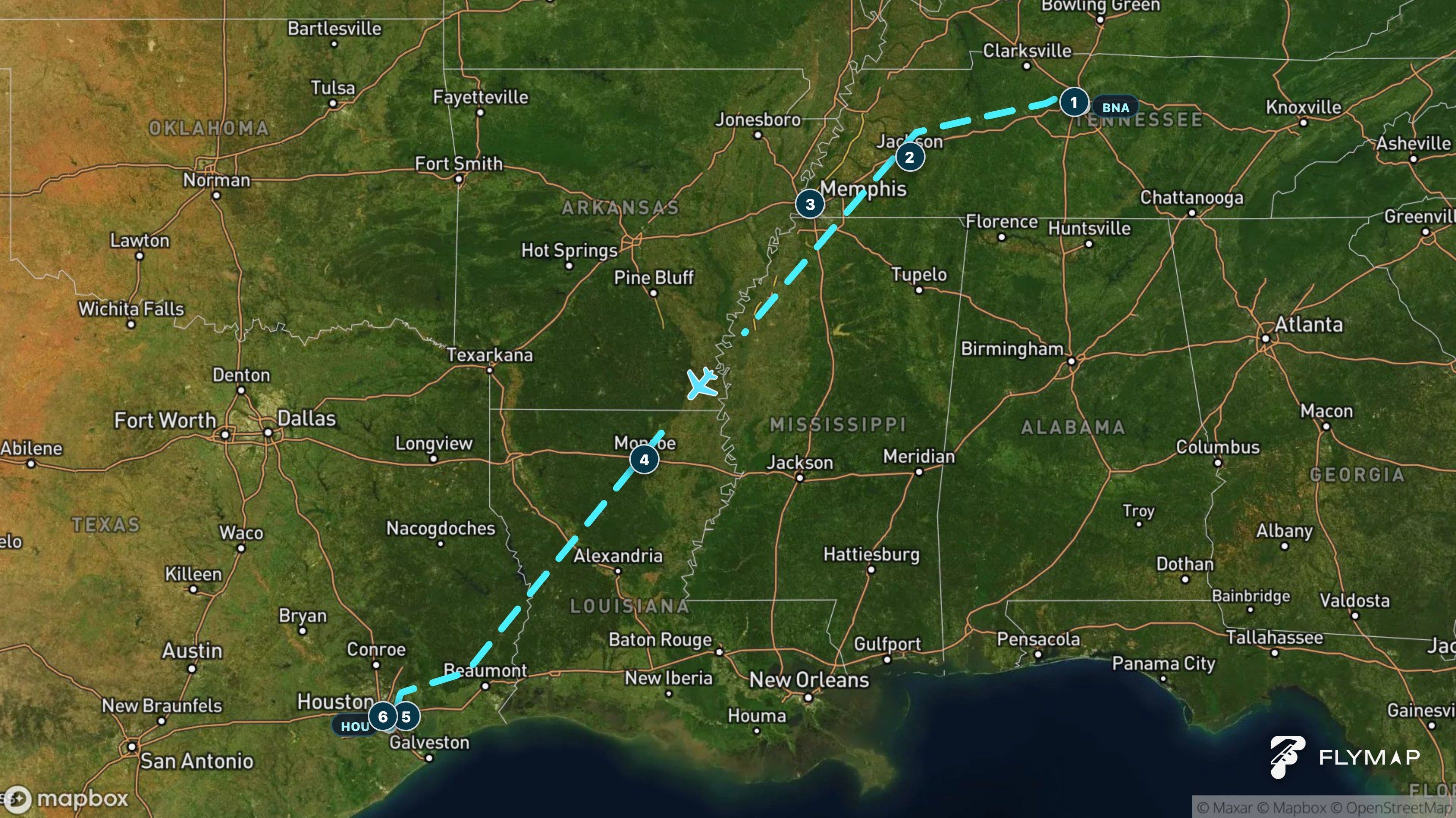 Map of the Nashville to Houston flight route across Tennessee, Mississippi, Louisiana and Texas