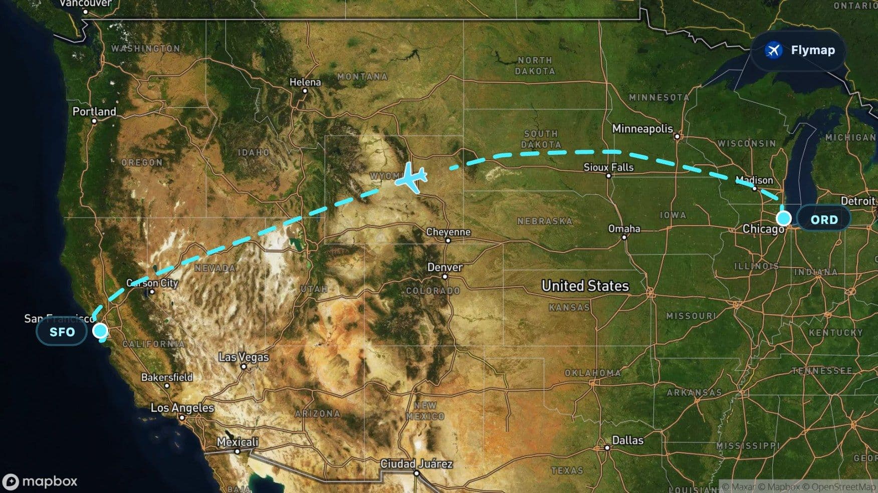 Map overview of the Chicago to San Francisco flight route crossing the Great Plains, Rocky Mountains, Great Basin, Sierra Nevada and California coast