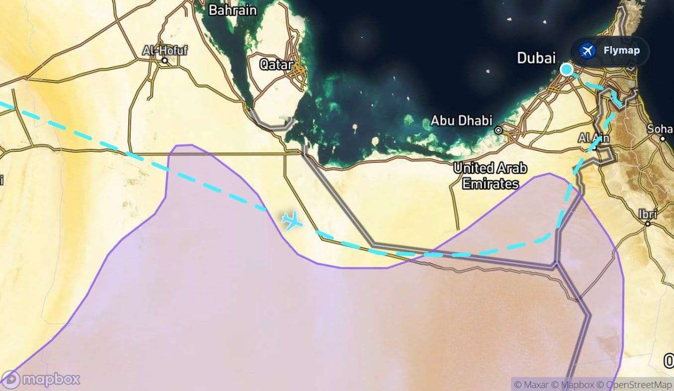 Map showing the Rub' al Khali desert region on the London to Dubai flight route