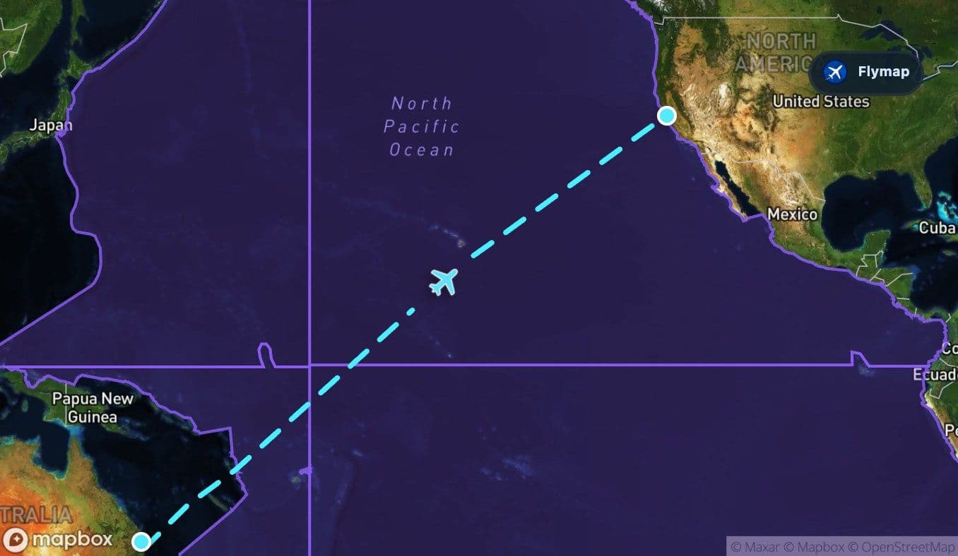 Map showing the long Pacific Ocean stretch on the Brisbane to San Francisco route