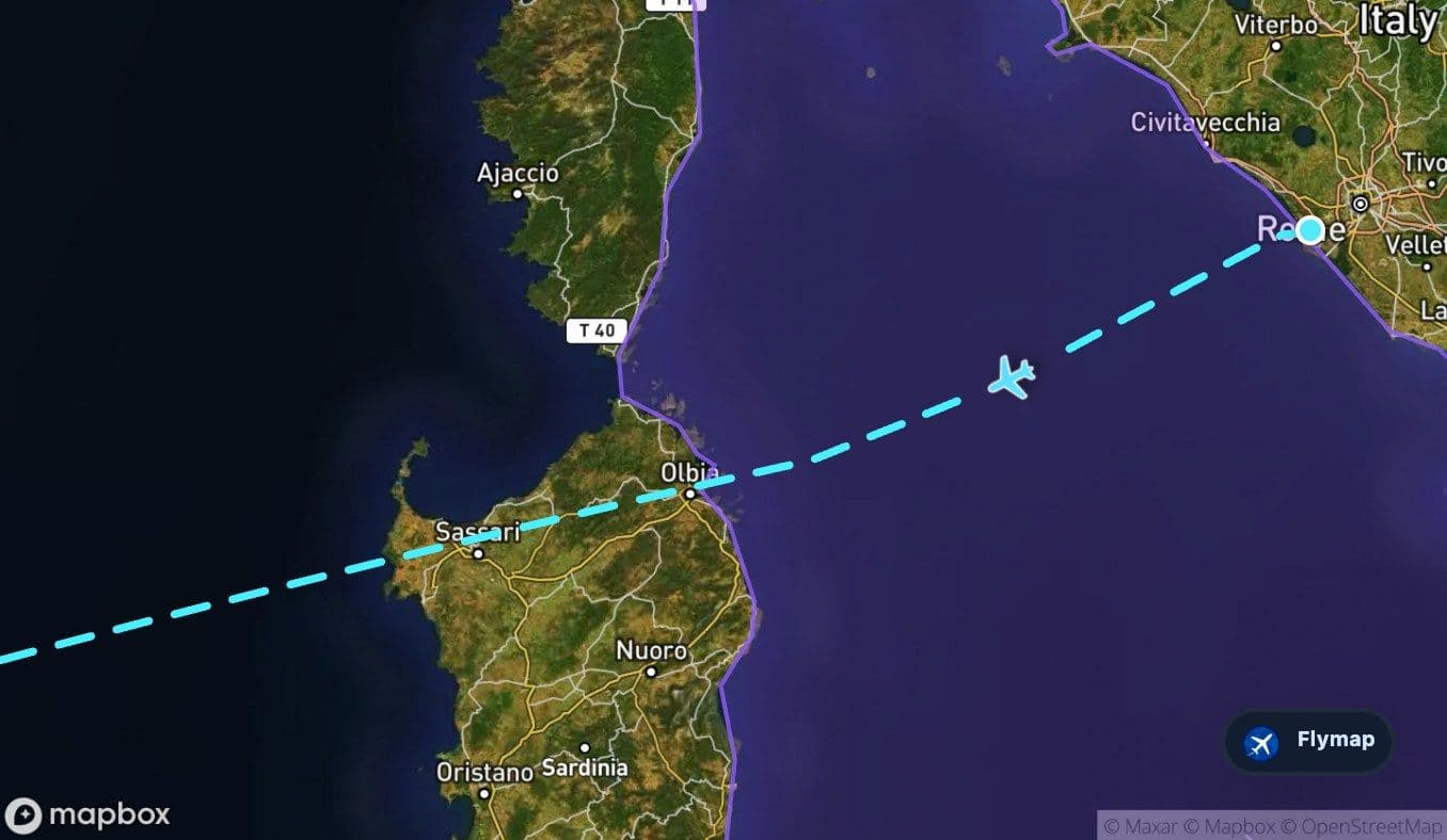 Map of the Tyrrhenian Sea west of Italy on the Rome to Madrid route