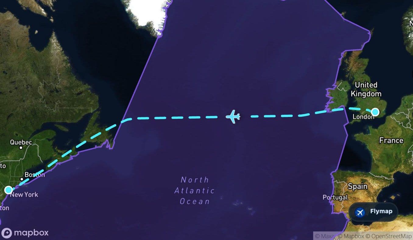 Map of the Atlantic Ocean crossing between Europe and North America