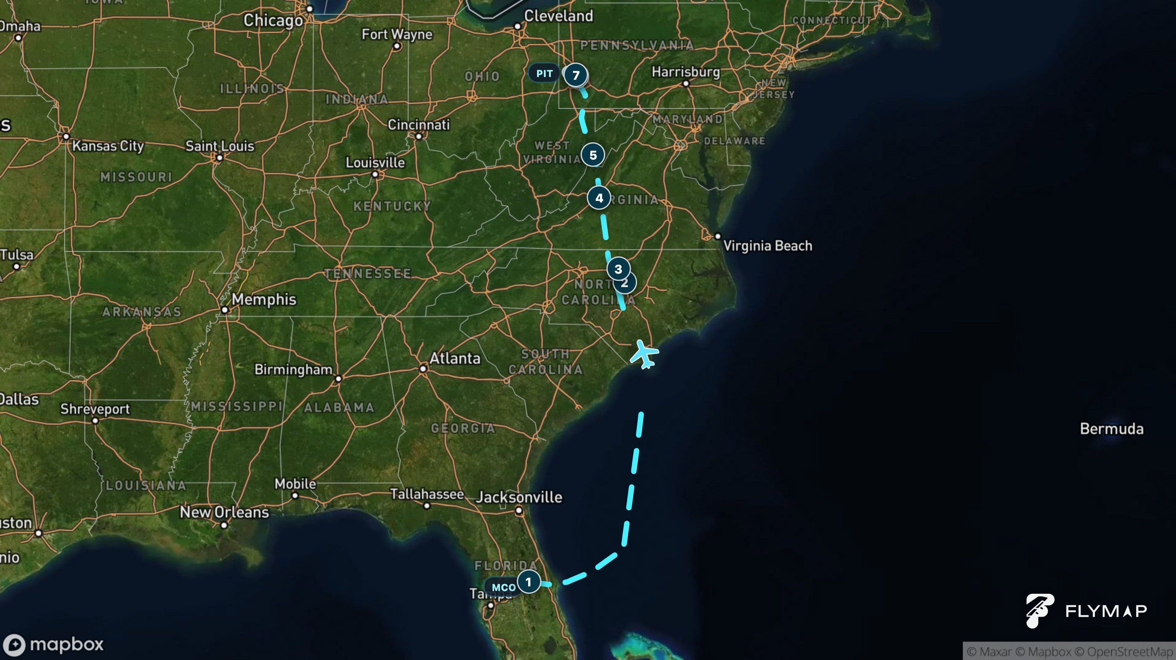 Flight route from Orlando to Pittsburgh heading over the Atlantic before returning inland across North Carolina and the Appalachian Mountains