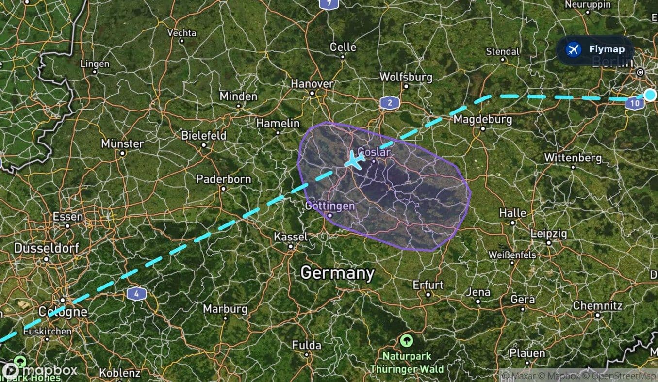 Map showing the Harz Mountains on the Berlin to Tenerife flight route