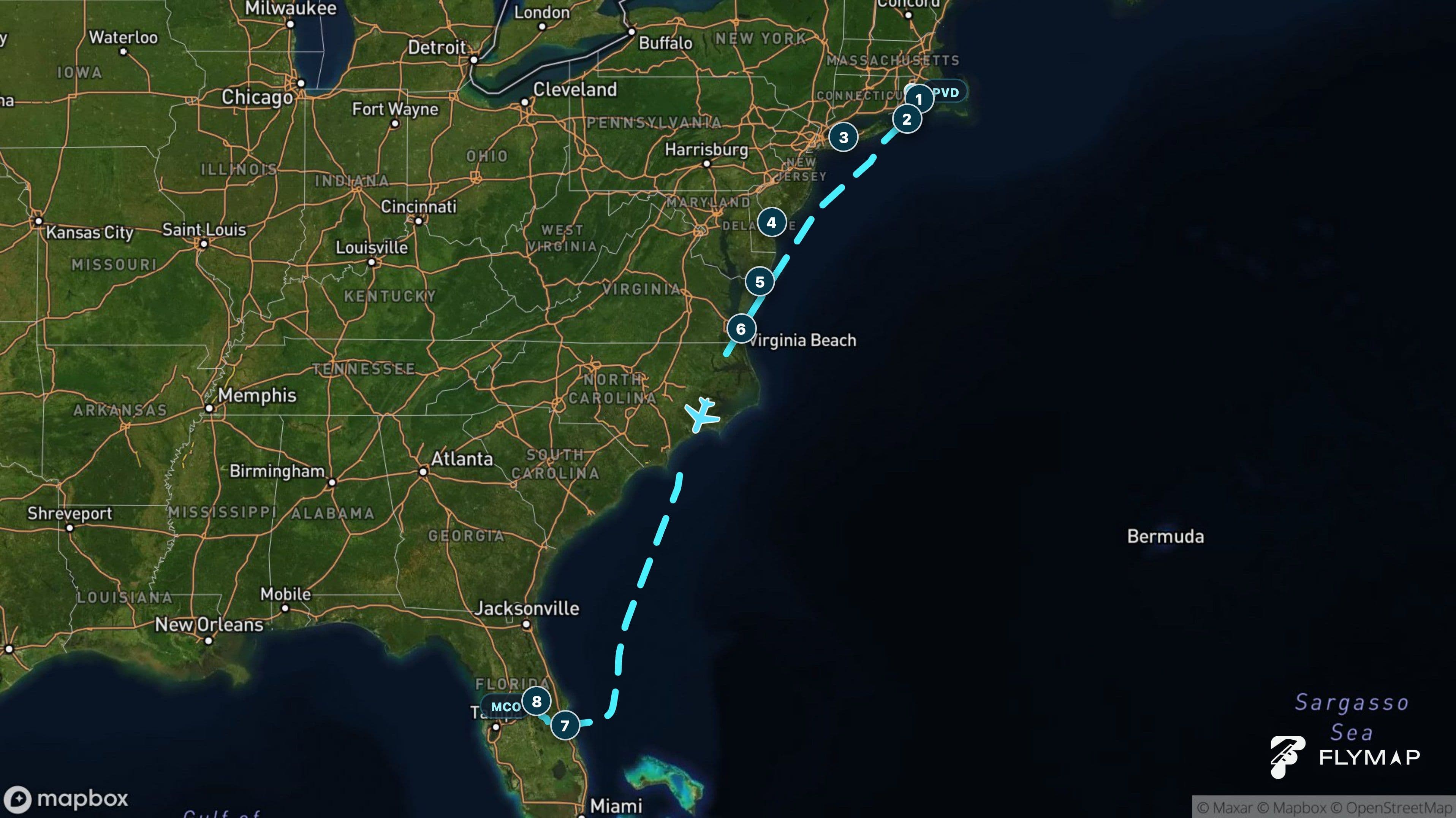 Map of the Warwick to Orlando flight route following the Atlantic coast before crossing Florida