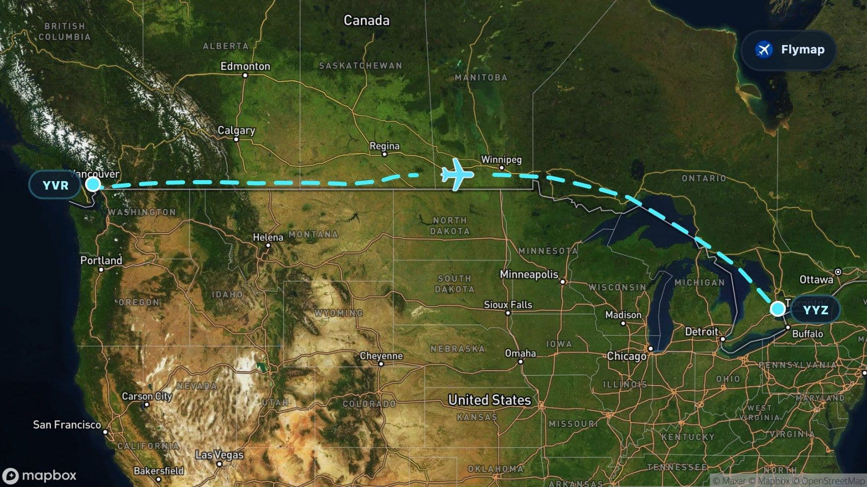 Map of the Vancouver to Toronto flight route crossing western mountains, Canadian plains and the Great Lakes