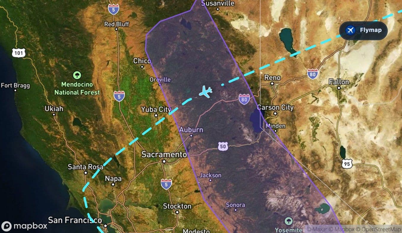 Map of the Sierra Nevada crossed before the descent toward San Francisco