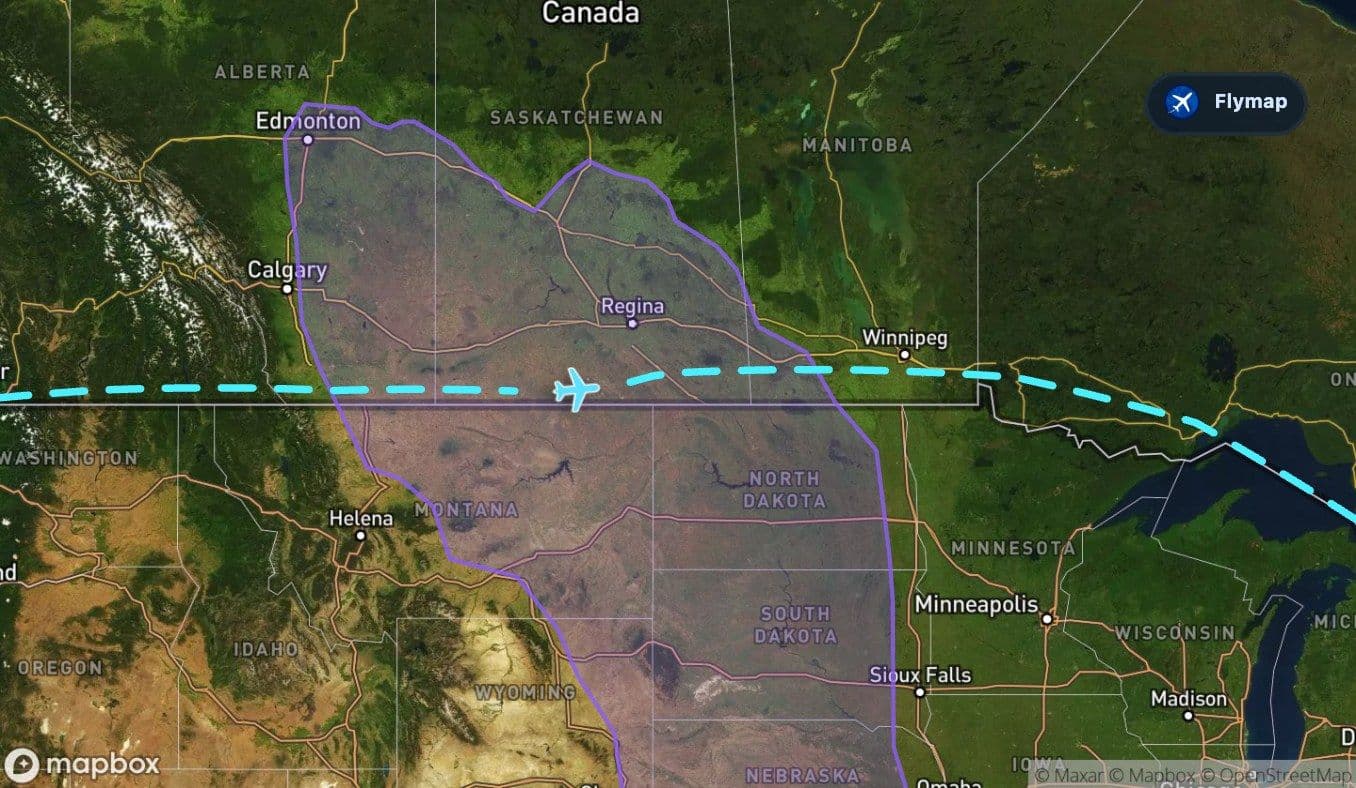 Map showing the Great Plains section of the Vancouver to Toronto flight route