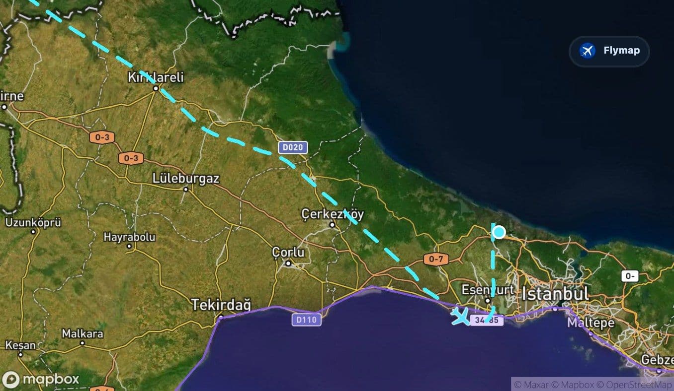 Map of the Sea of Marmara near the final approach to Istanbul Airport