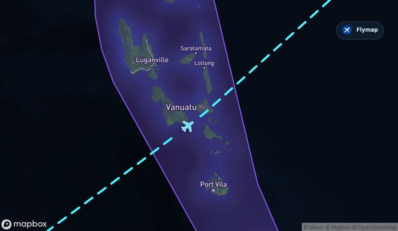 Map showing Vanuatu along the Brisbane to San Francisco flight route