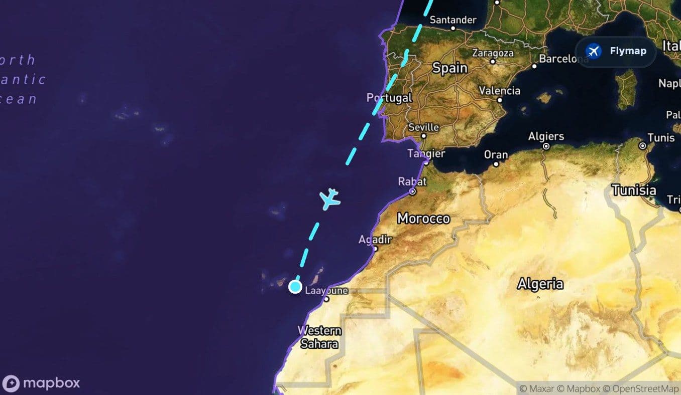 Map showing the long Atlantic Ocean stretch toward the Canary Islands